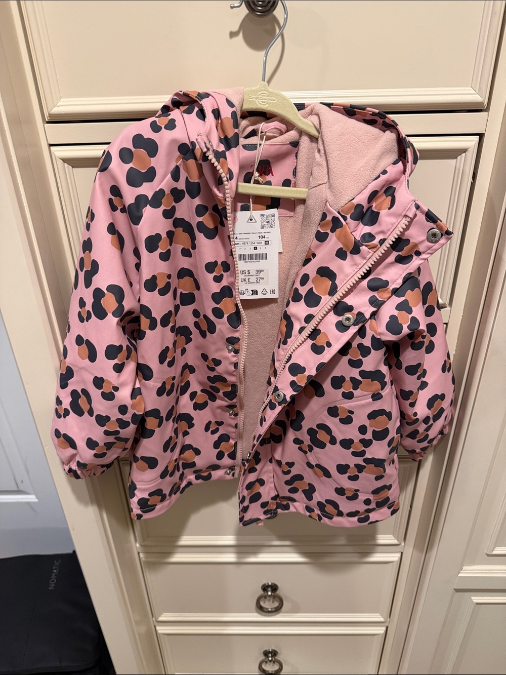 Zara NWT pink leopard fleece lined rain coat with hood